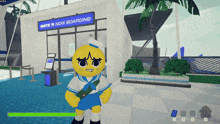 a video game character is standing in front of a gate 7 now boarding sign