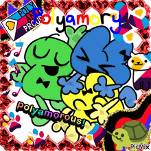 a drawing of a group of cartoon characters with the words polyamorous