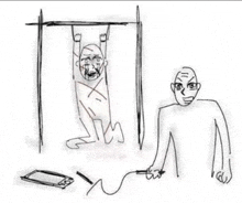 a black and white drawing of a man hanging from a bar and another man holding a cell phone .