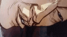 a close up of a drawing of a person holding a fork in their mouth .