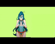 a girl with blue hair is wearing a green swimsuit and a mask