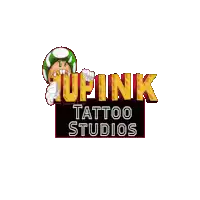 a logo for a tattoo studio with a mushroom on top