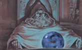 a painting of a man with a beard sitting in front of a crystal ball