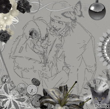 a black and white drawing of a man and woman surrounded by clocks flowers and a cat says picmix on the bottom