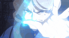 a close up of a person 's face with a blue light behind them