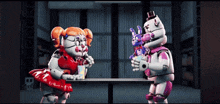 a couple of robots are sitting at a table with a drink in their hands