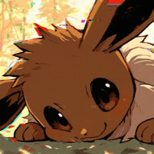 a close up of a cartoon eevee laying on its back on the ground .