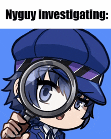a cartoon of a police officer looking through a magnifying glass with the caption nyuguy investigating