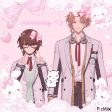 a couple of anime characters standing next to each other with a pink background that says nanamely < 3