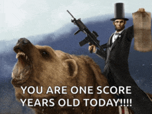 a picture of abraham lincoln riding on the back of a bear holding a gun
