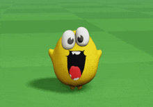 a yellow cartoon character with big eyes and a red tongue is standing on a green field