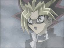 a close up of a cartoon character with a shocked expression on his face