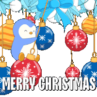 a merry christmas greeting card with a penguin on a swing