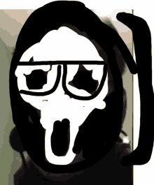 a black and white drawing of a face with glasses and a mouth
