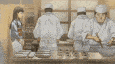 a cartoon drawing of a woman standing in front of a kitchen