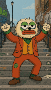 a cartoon character is standing on a set of stairs with graffiti on the wall behind him that says " shop "