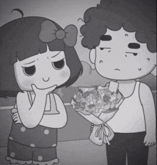 a black and white cartoon of a boy and a girl