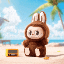 a stuffed animal in a bunny costume sits on a beach next to a small yellow radio