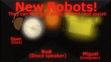 an advertisement for new robots shows a clock and a disco speaker