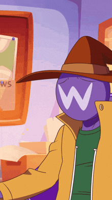 a cartoon character wearing a hat with a letter w on his face