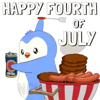 a happy fourth of july poster with a penguin holding a can of beer and a bowl of food