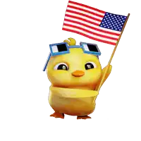 a cartoon chicken holding an american flag and wearing goggles