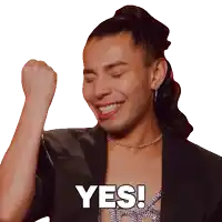 a woman with her fist in the air and the word yes written below her