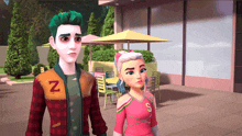 a boy with green hair and the letter z on his jacket is standing next to a girl