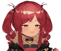 a girl with red hair has a choker around her neck and a bell around her neck