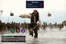 a screen shows a pirate running in the water with a sign above him that says recover
