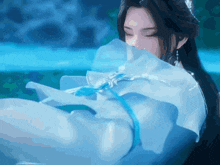 a painting of a woman in a blue and white dress with her eyes closed