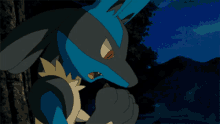 a cartoon of a blue and black pokemon standing in the dark with mountains in the background
