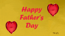 a happy father 's day card with two red hearts