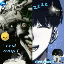 a picture of the joker and a picture of a boy with the words sweet dreams rest angel