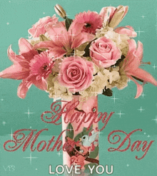 a happy mother 's day greeting card with a bouquet of pink flowers in a vase .