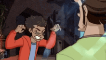 a cartoon character is making a funny face while another character looks on