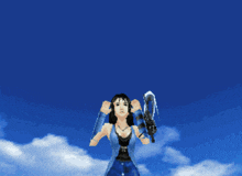 a video game scene with three characters standing on a sandy beach