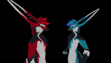 a red and a blue furry animal are standing next to each other