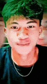 a young man with green hair is wearing a black shirt and a silver chain around his neck