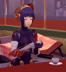 a cartoon character with headphones on holds a cup of coffee