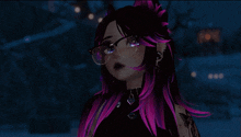 a cartoon girl with purple hair and glasses looks at the camera