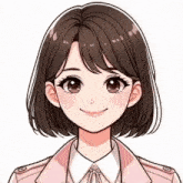 a girl with short brown hair is wearing a pink jacket