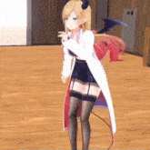 a 3d anime girl in a white coat and black stockings is standing in a room .
