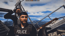 a man in a police vest salutes another man in a suit