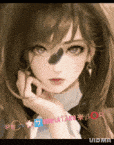 a close up of a girl with a black nose and the word vidma on the bottom right