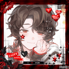 a picture of a boy with hearts and a happy birthday sticker