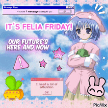a computer screen says it 's felia friday and has a girl holding a frog