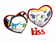 a picture of two hearts with the word kiss below them