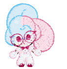 a cartoon character with glasses and a blue and pink swirl on his head