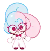 a cartoon character with glasses and a blue and pink swirl on his head